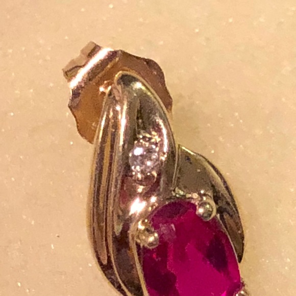 10K ruby earrings with small cubic zirconia - Picture 3 of 5